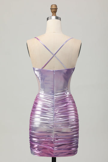 Silver Purple Bodycon Ruffled V Neck Cocktail Dress
